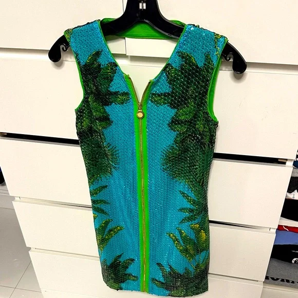 Versace Dress Tropical Green and Blue Sleeveless Sequin Dress - Picture 2 of 11